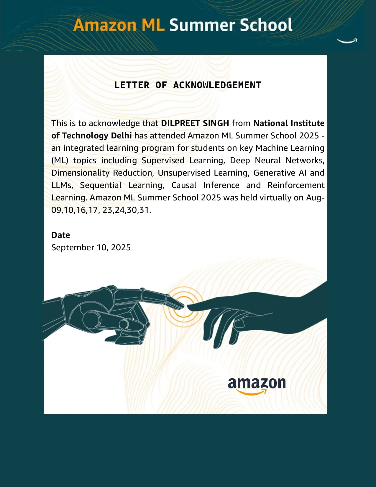 Amazon ML Summer School 2025 Completion Certificate